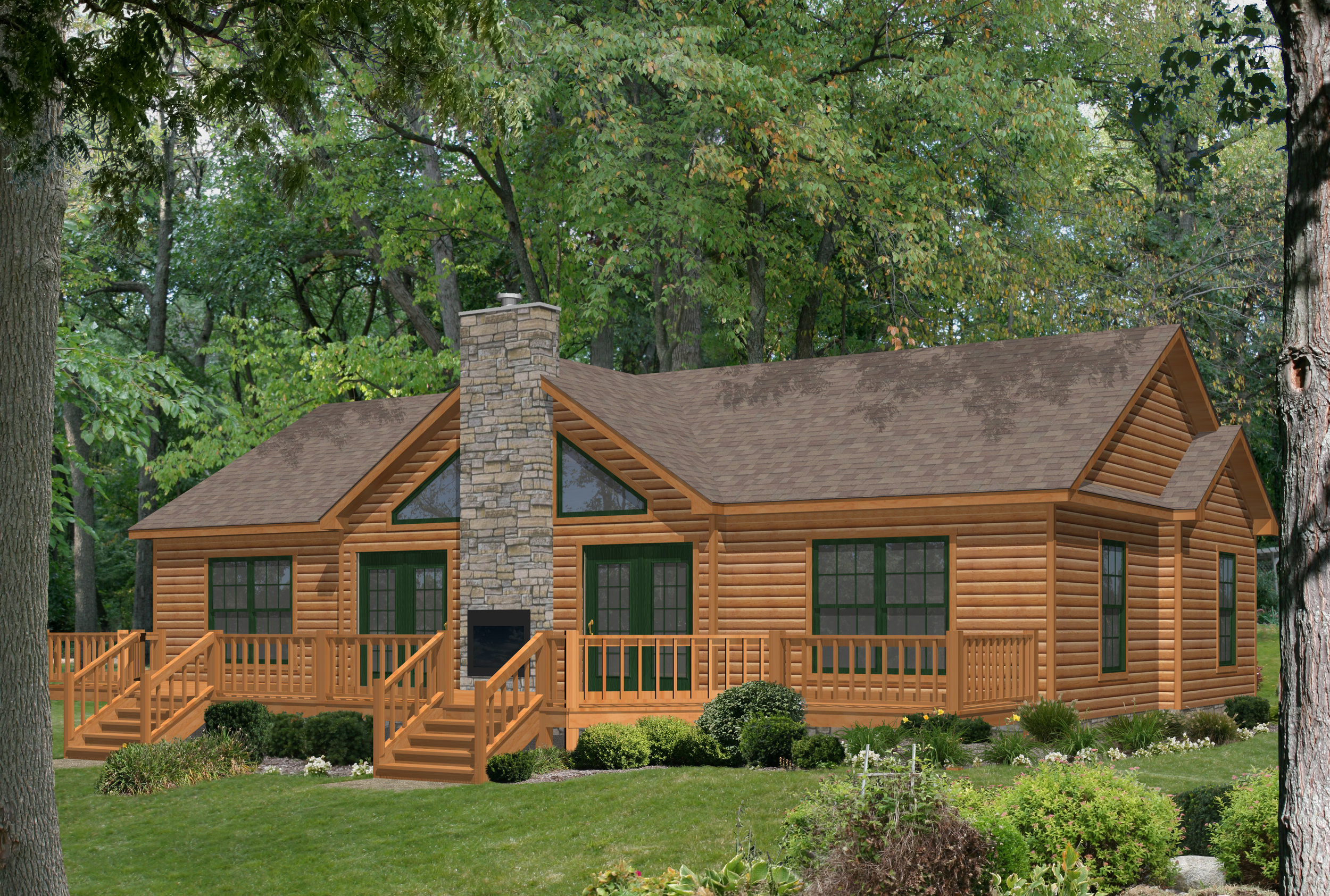 Cascade+Lodge+A+7.0-12+pitch,+8.12+on+7.12+vault,+double-sided+fireplace,+MIRA+Evergreen+windows,+additional+window+bedroom+gable,+site-built+chimney+and+porch